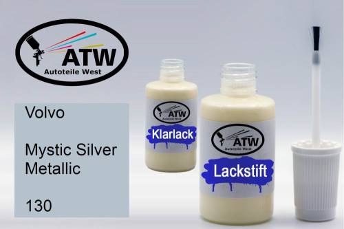 Volvo, Mystic Silver Metallic, 130: 20ml Lackstift + 20ml Klarlack - Set, von ATW Autoteile West.